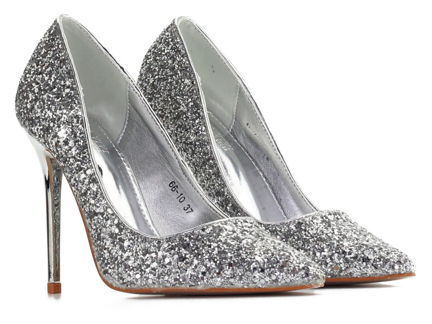 Stříbrné třpytivé vysoké podpatky na večerní podpatky