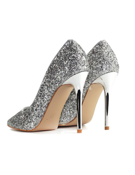 Escarpins de soirée à talons hauts argentés à paillettes