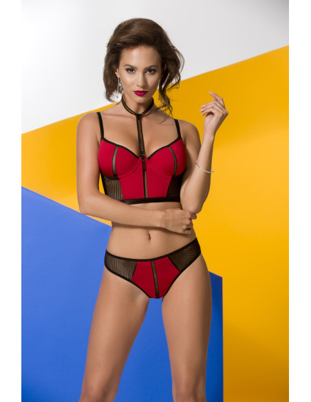 Red lingerie set with black accessories by Coline
