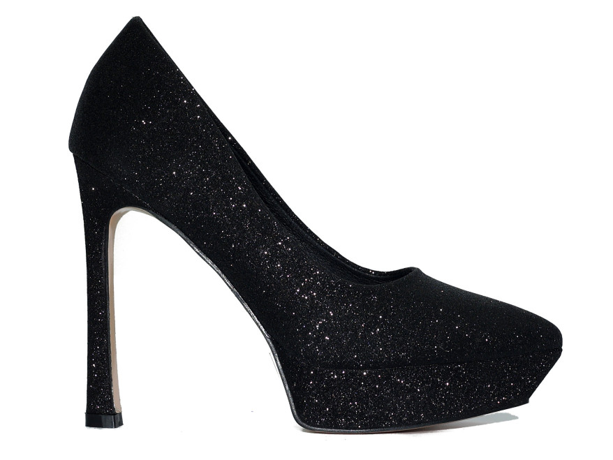 Pantofi stiletto cu platformă neagră cu sclipici