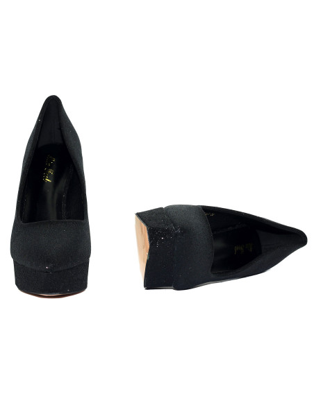 Czarne szpilki platformy brokatowe