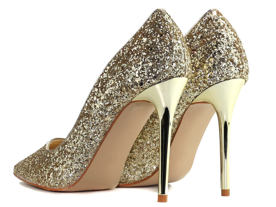 Escarpins de soirée à talons hauts et paillettes dorées