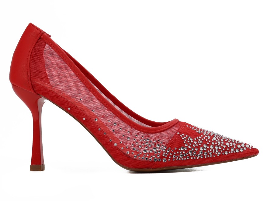 Red mesh heels with zircons