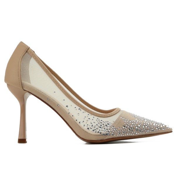 Beige mesh heels with zircons, pointed toe