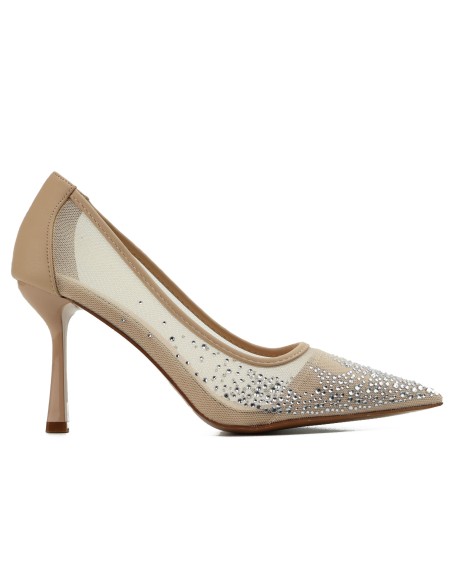 Beige Mesh-Pumps mit Zirkonia, spitze Zehenpartie
