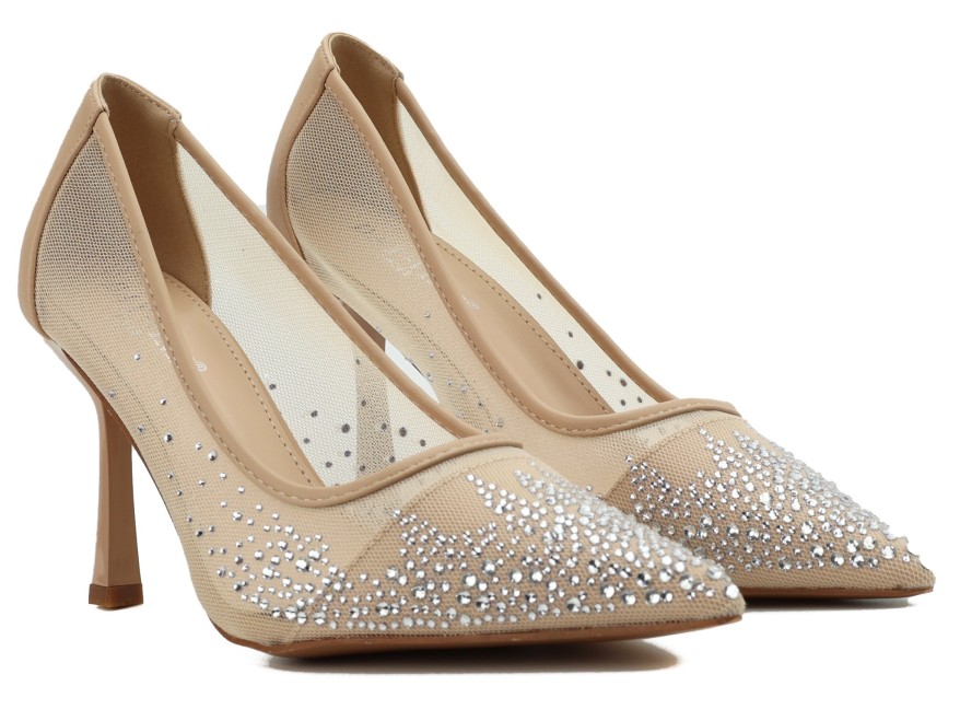 Beige Mesh-Pumps mit Zirkonia, spitze Zehenpartie