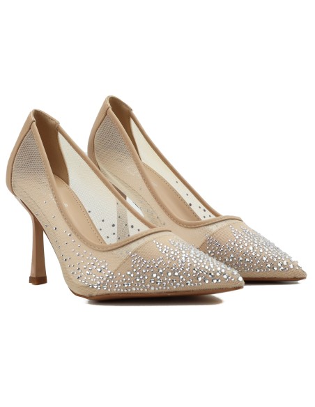 Beige Mesh-Pumps mit Zirkonia, spitze Zehenpartie