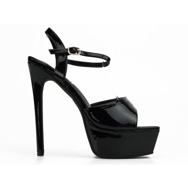 Black stiletto and platform lacquered sandals