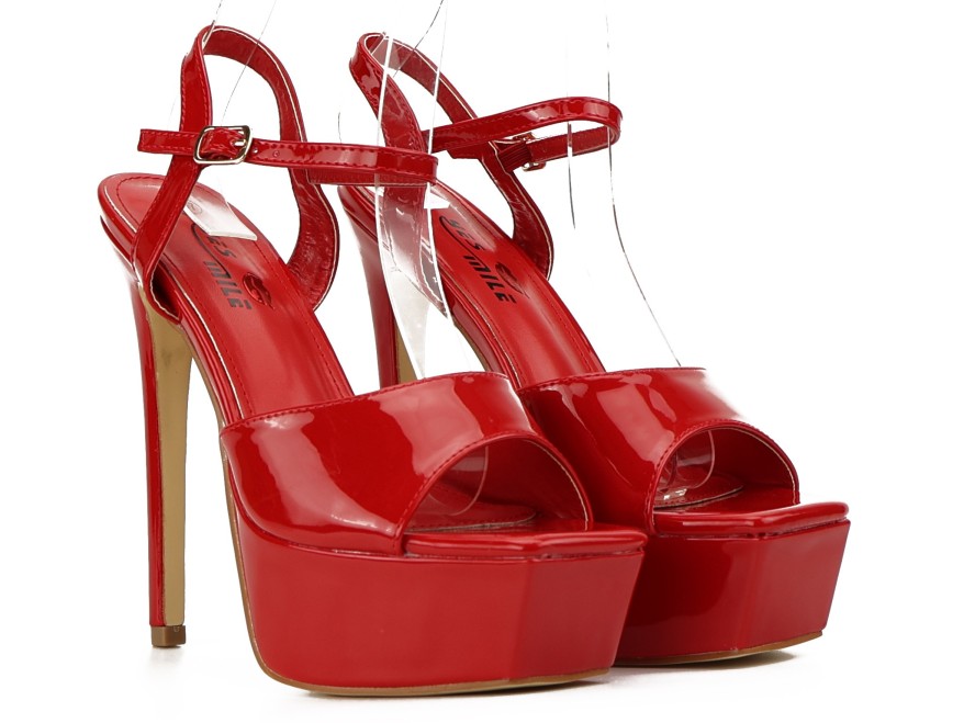 Sandale roșii stiletto cu platformă lăcuite