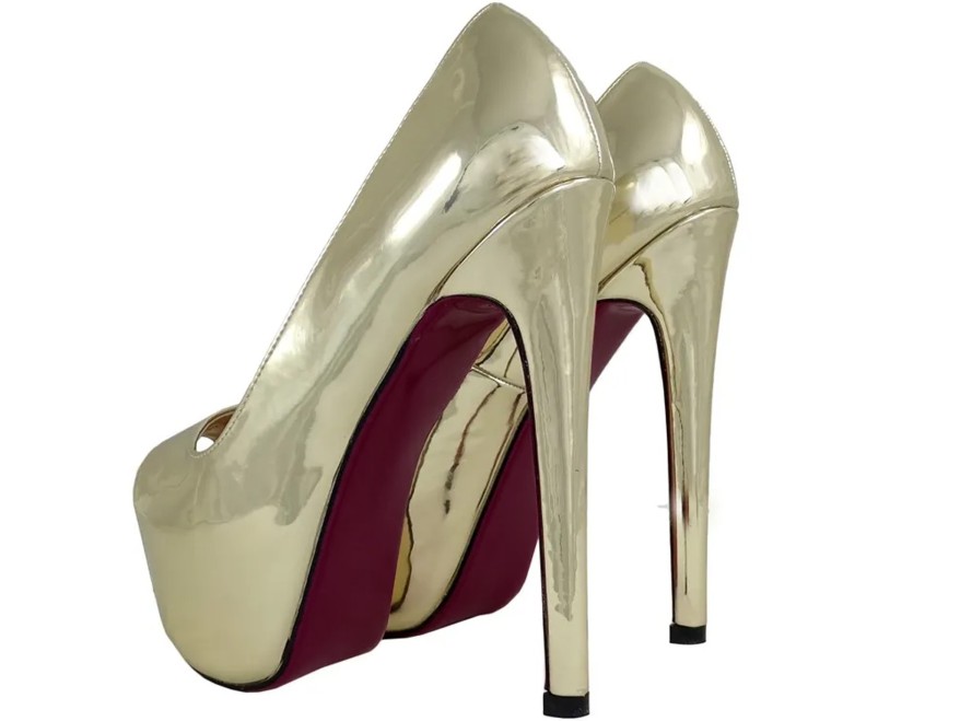 Gold mirrored platform stilettos open toe