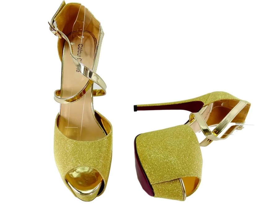 Sandales à talons aiguilles dorées à plateforme avec bride grande taille