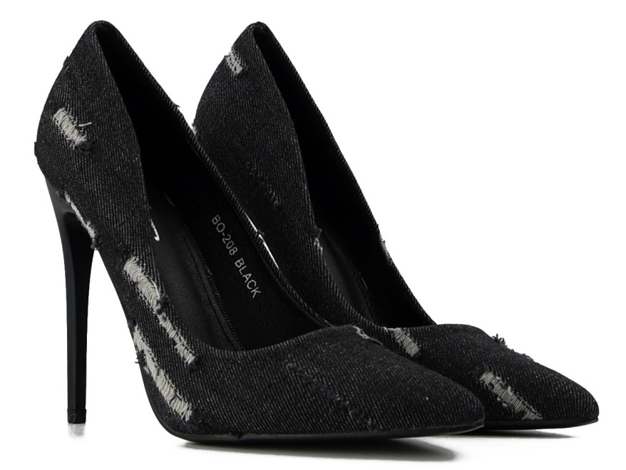 Pantofi negri stiletto pentru femei din denim cu margini frecate