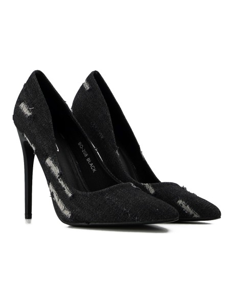 Black stiletto denim women's shoes with rubbed edges