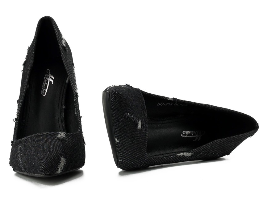 Black stiletto denim women's shoes with rubbed edges