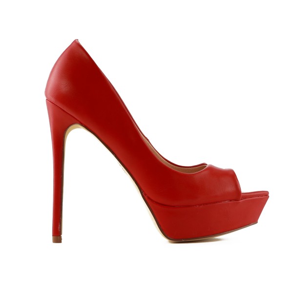 Červené matné jehlové podpatky na platformě z eko kůže