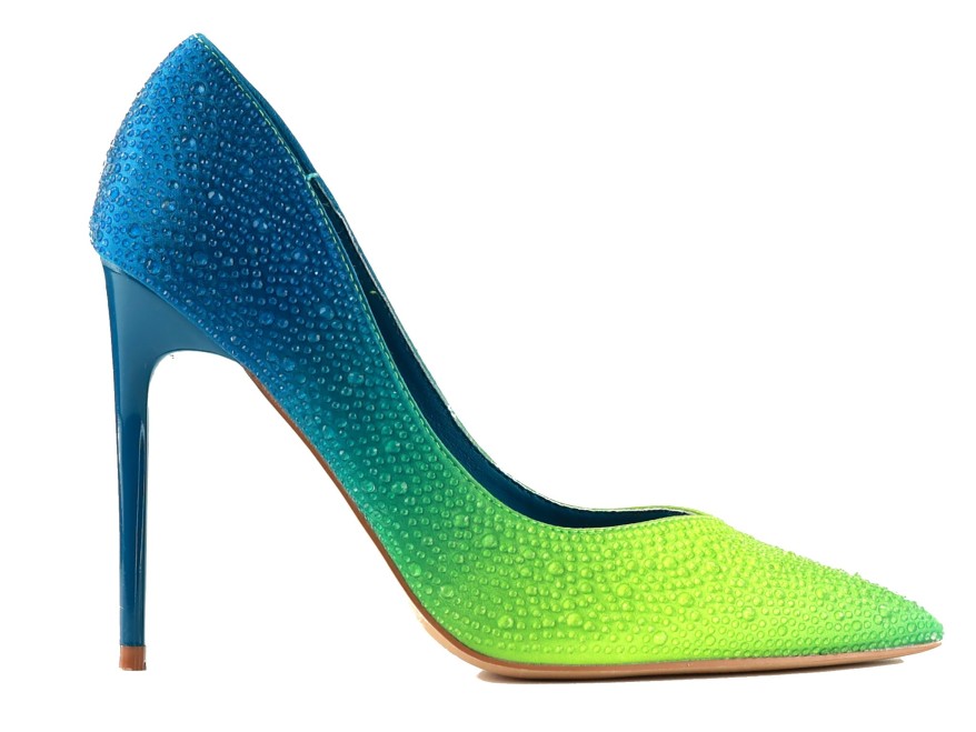 Stilettos neon ombre pentru femei cu zirconii albastru verde glamour