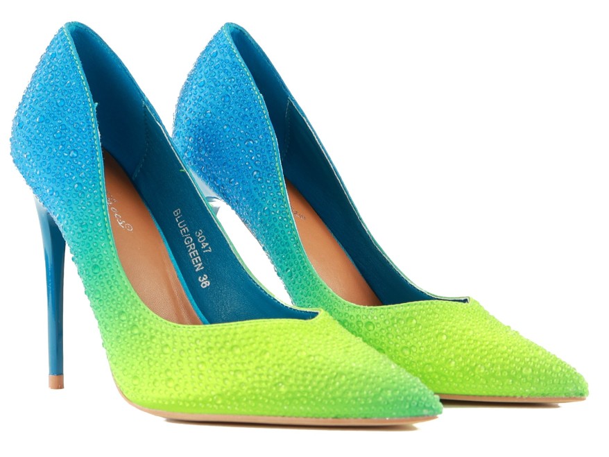 Damen ombre Neon Stilettos mit Zirkonen blau grün glamour