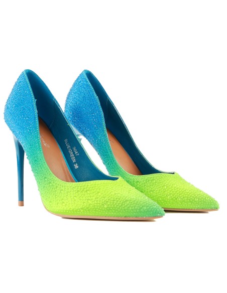 Damen ombre Neon Stilettos mit Zirkonen blau grün glamour