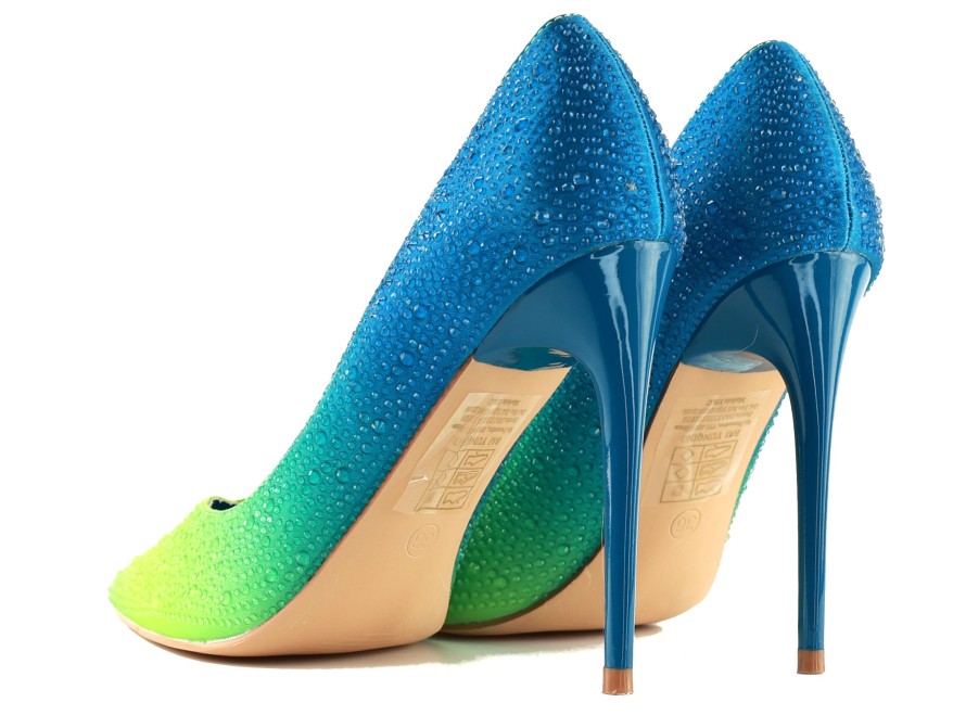 Stilettos neon ombre pentru femei cu zirconii albastru verde glamour