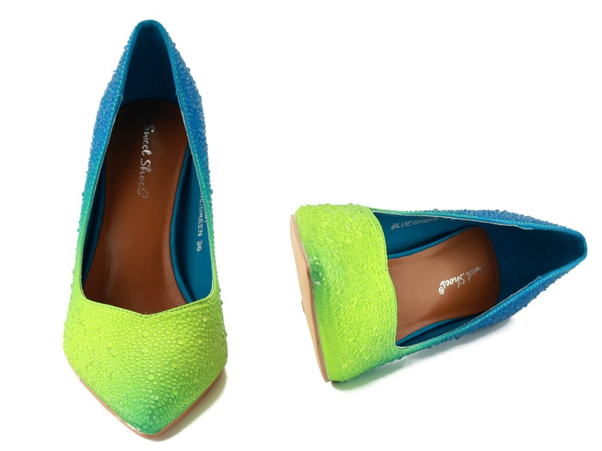Women's ombre neon stilettos with zircons blue green glamour