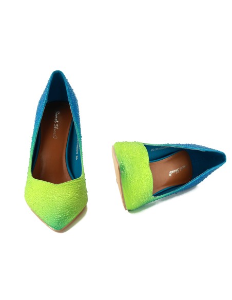 Stilettos neon ombre pentru femei cu zirconii albastru verde glamour