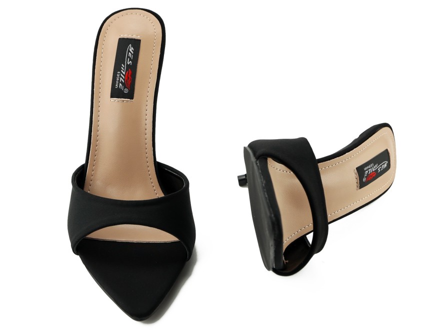 Flip-flops pentru femei cu toc stiletto negru mat cu vârf ascuțit