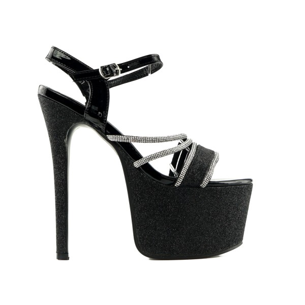 Sandales noires à talon aiguille avec zircon glamour