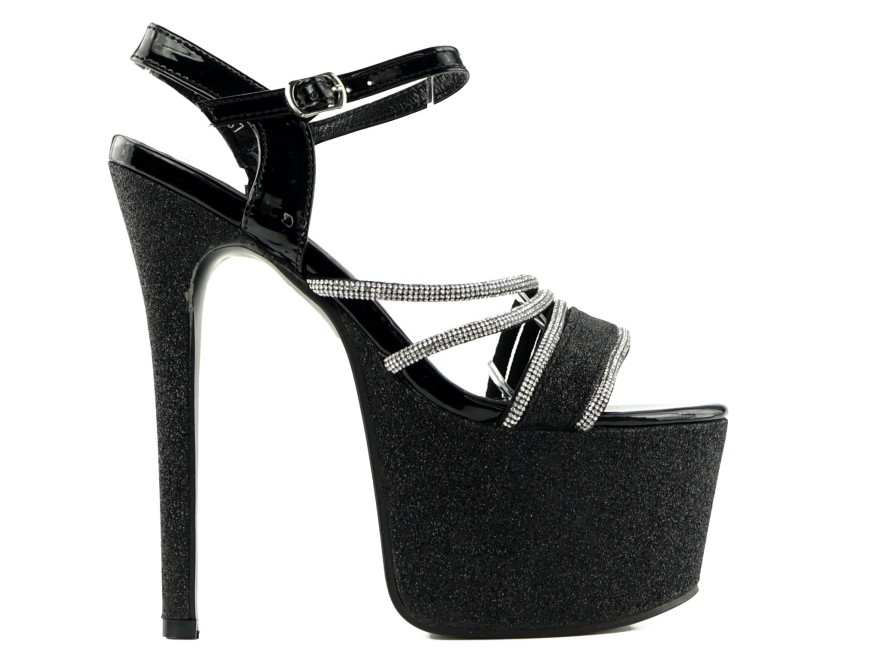 Schwarze Damen Plateau Stiletto Sandalen mit Zirkonia Glamour