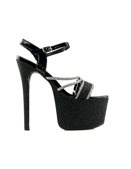 Juodi moteriški platforminiai smailianosiai sandalai su cirkonių spindesiu