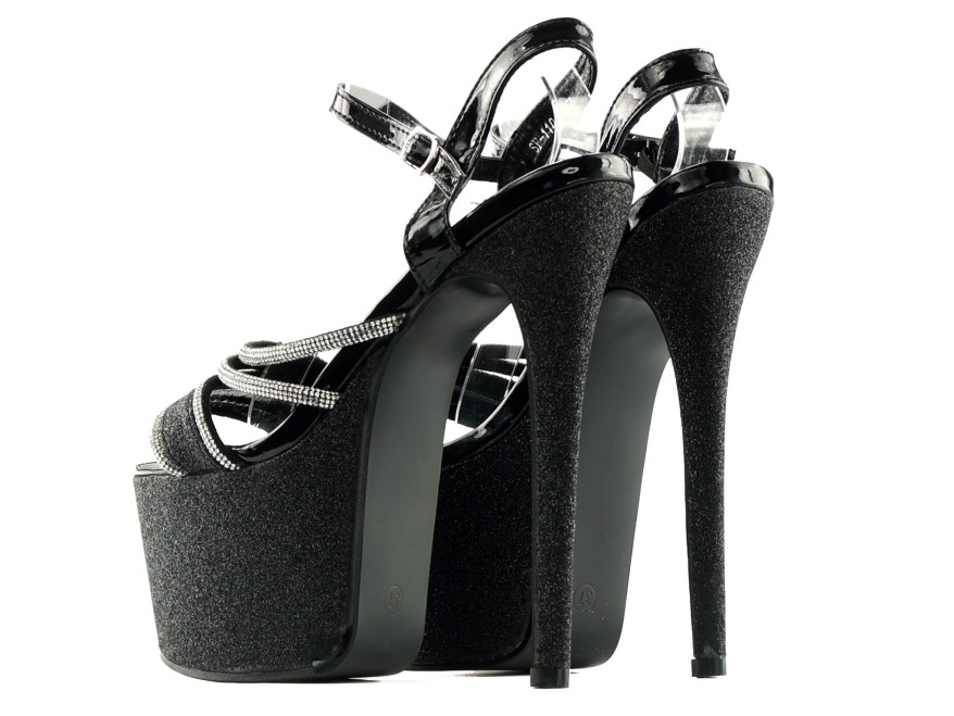 Sandales noires à talon aiguille avec zircon glamour