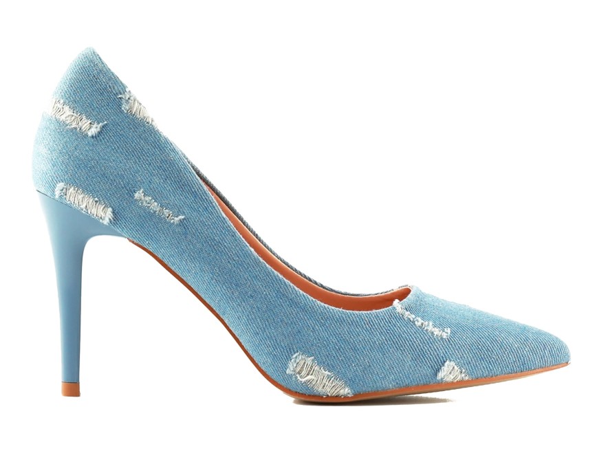 Talons aiguilles en denim bleu clair avec talon frotté 9 cm