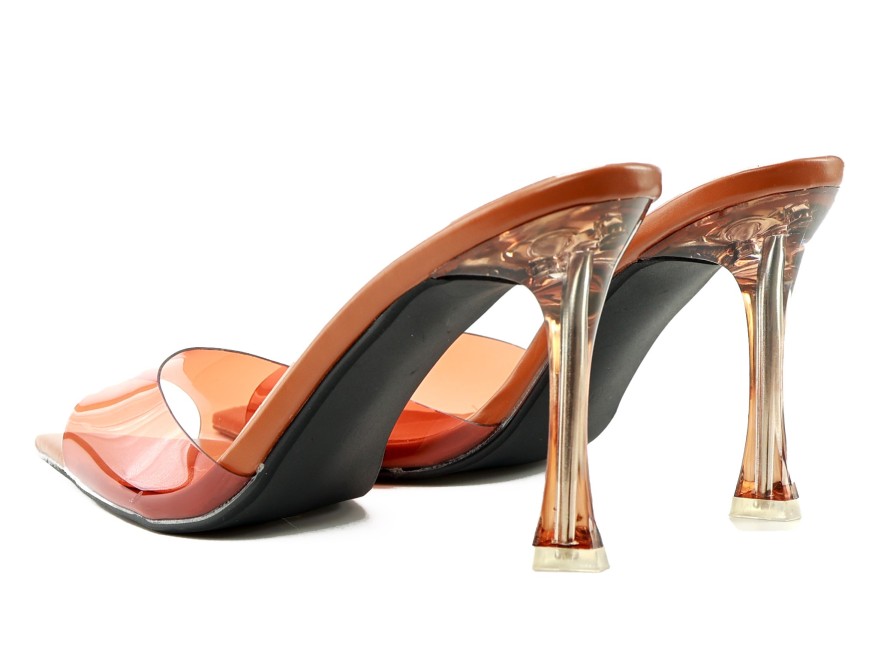 Tongs café transparentes pour femmes sur un talon aiguille de 10 cm