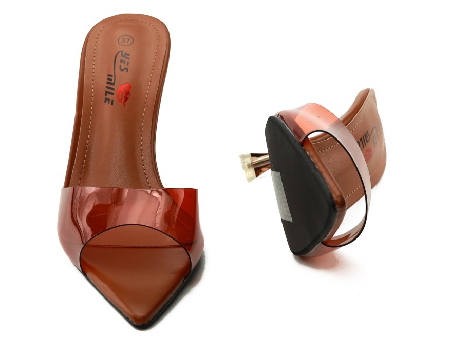Női átlátszó kávés flip-flop 10 cm-es tűsarkú cipővel