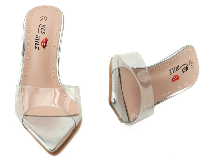 Silberne Damen-Flip-Flops mit 10 cm Stilettoabsatz und transparentem Riemen