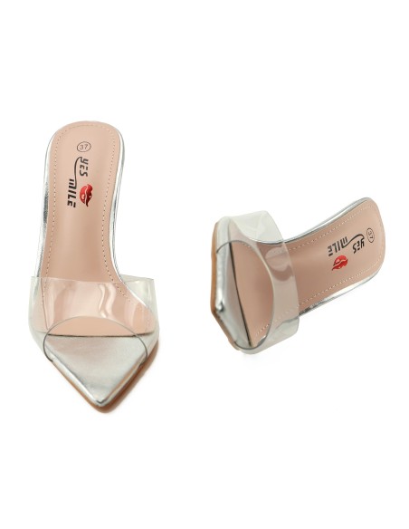 Sieviešu sudraba flip-flops uz 10 cm stiletto papēža ar caurspīdīgu siksniņu