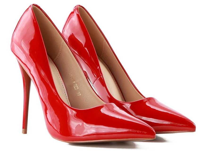 Pantofi stilettos de damă lăcuiți în roșu cu nas ascuțit de 11 cm