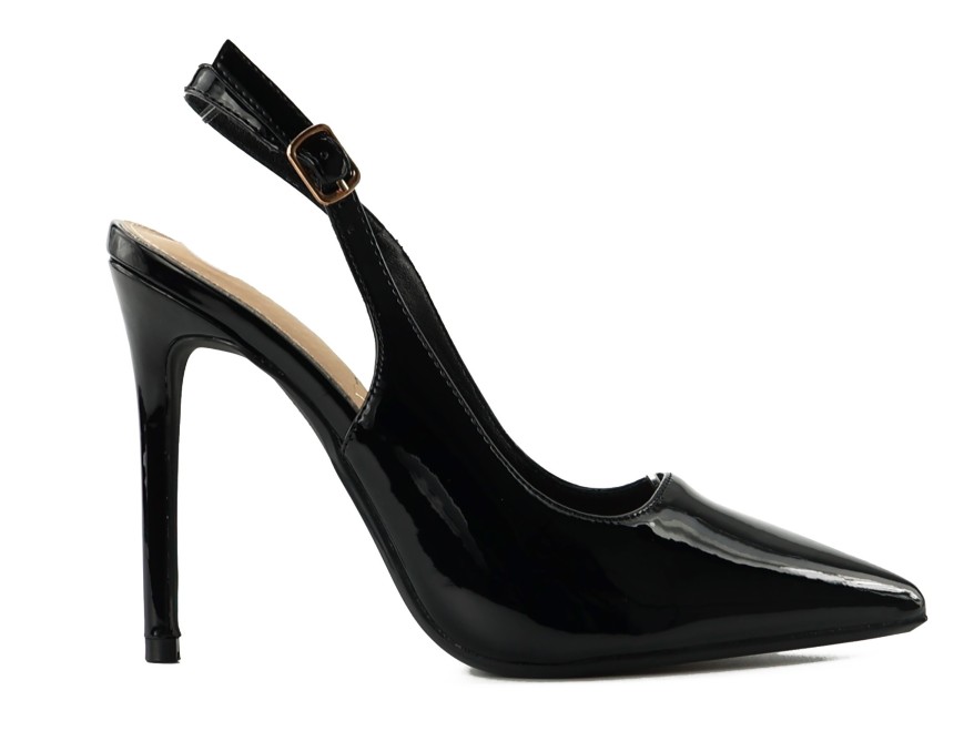 Melni lakoti sieviešu kurpes papēži ar atvērtu kāju stiletu