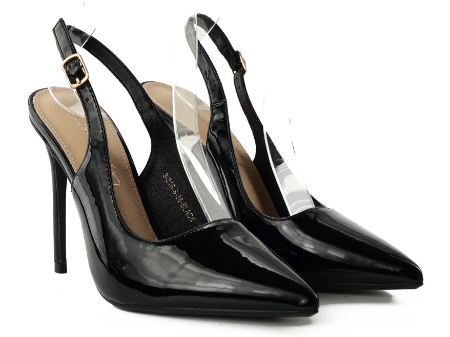 Black lacquered women's stilettos with open heel on stiletto heel