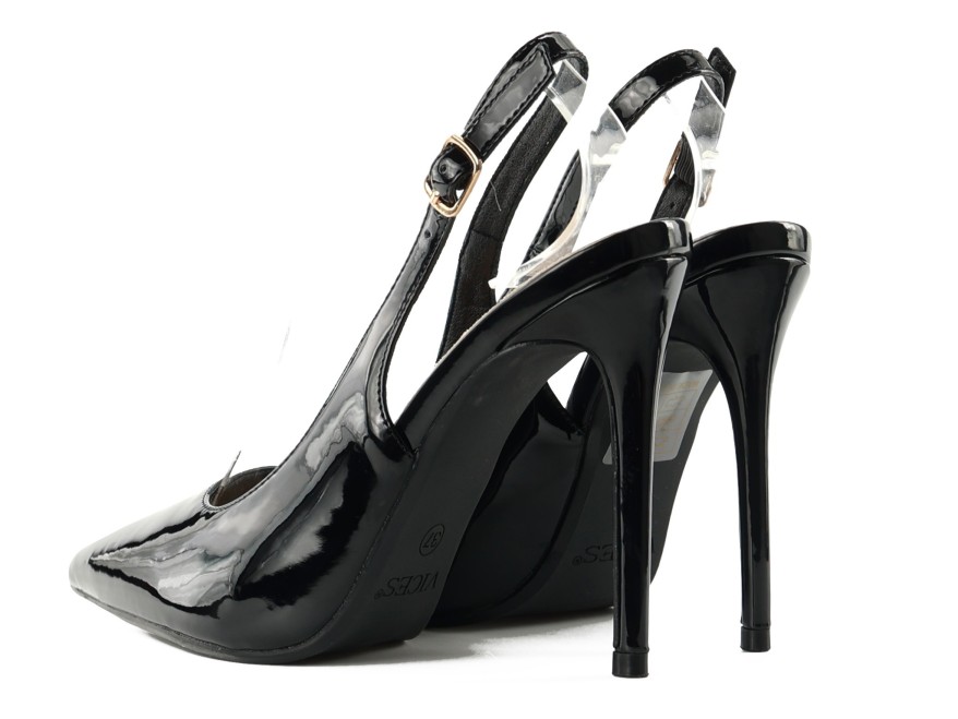 Talons aiguilles ouverts laqués noirs pour femmes