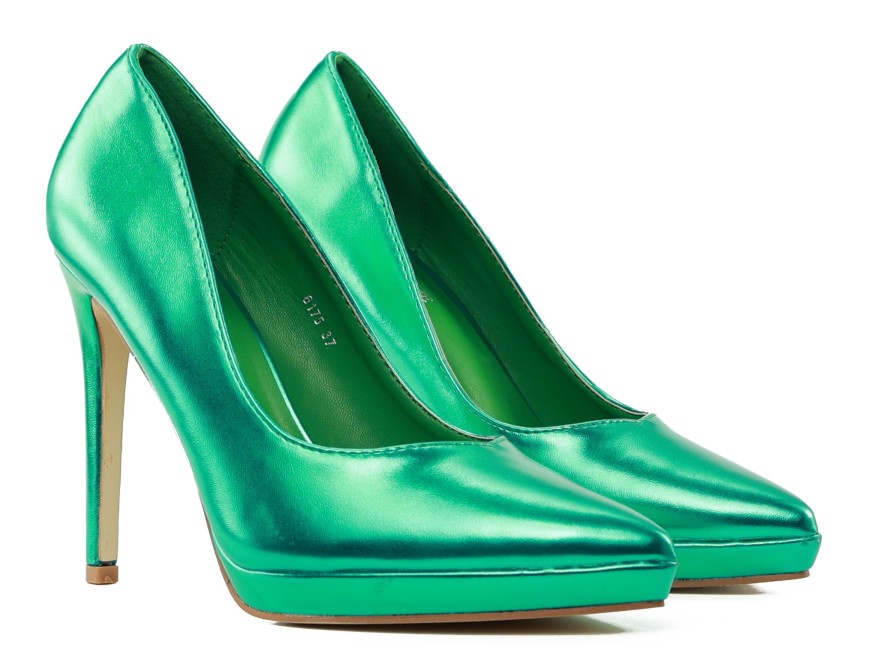 Stilettos cu platformă metalică verde 11 cm