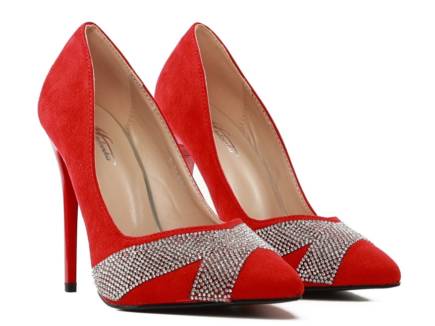 Stilettos roșii de damă cu zirconii 11 cm din piele de căprioară