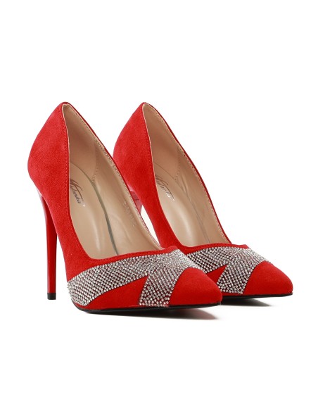 Rote Damenstilettos mit Zirkonen 11 cm aus Wildleder