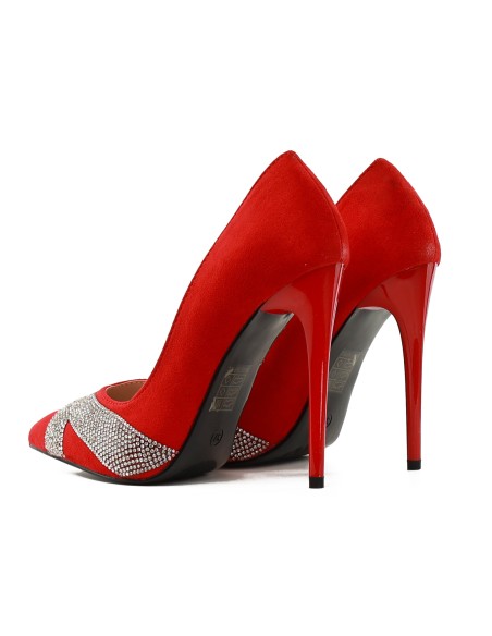 Stilettos roșii de damă cu zirconii 11 cm din piele de căprioară
