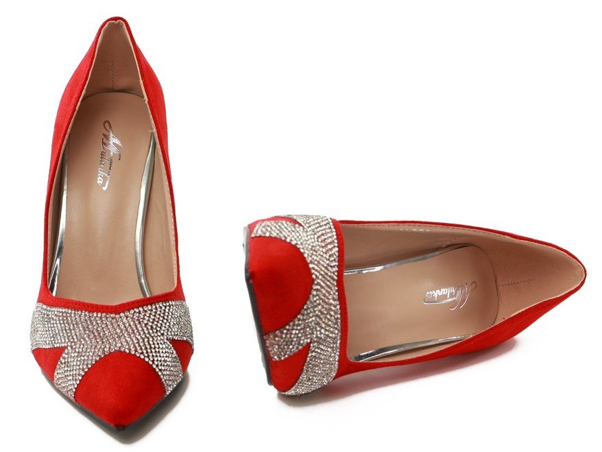 Rote Damenstilettos mit Zirkonen 11 cm aus Wildleder