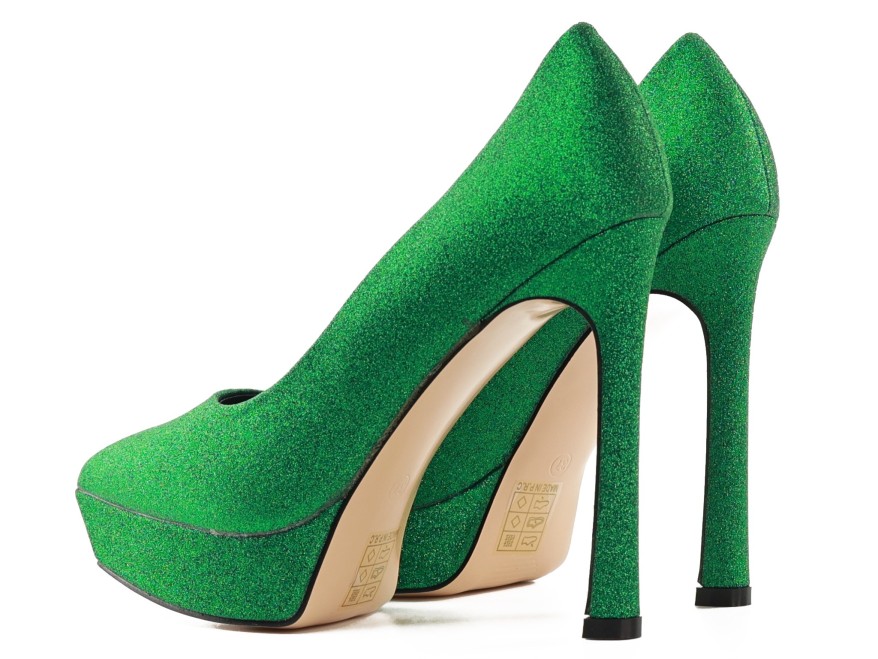 Talons aiguilles à plate-forme à paillettes vertes Glamour