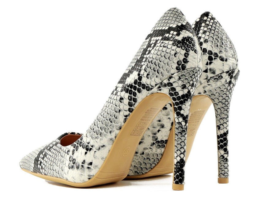 Pantofi stilettos cu model din piele de șarpe de 10 cm, pentru femei, în alb și negru