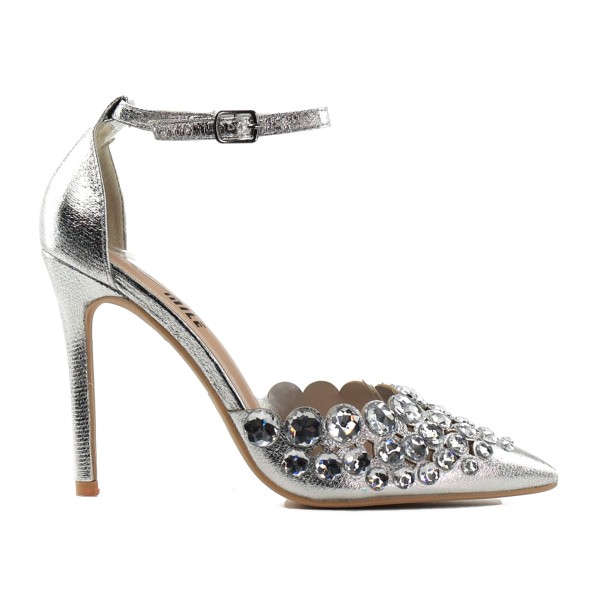 Women's silver stilettos with zirconia ankle strap