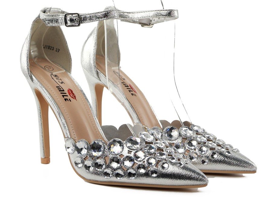 Tocuri stilettos argintii pentru femei cu curea de gleznă din zirconiu