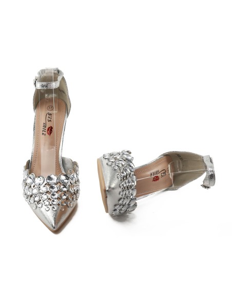 Women's silver stilettos with zirconia ankle strap