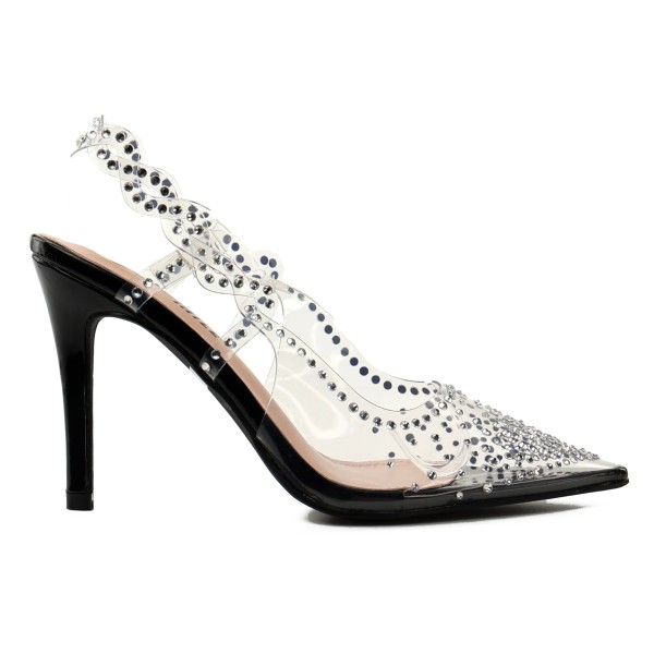 Pantofi stilettos transparenți pentru femei cu zirconii și toc negru de 10 cm